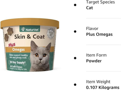 NaturVet – Skin & Coat Plus Omegas for Cats – 60 Soft Chews | Supports Healthy Skin & Glossy Coat | Enhanced with Omega-3, Omega-6 & Biotin | 30 Day Supply