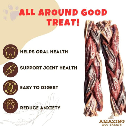 Amazing Dog Treats - 6 Inch Extra Thick Braided Gullet Stick (4 Pc/Pack) - Dog Jerky Treats - Beef Esophagus -Gullet Sticks for Dogs - Braided Gullet Sticks Dog Chews - Beef Esophagus Dog Treats