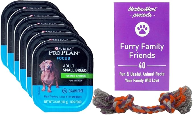 Purina Pro Plan Small Breed Grain Free Wet Dog Food - (6) Turkey (3.5oz) - Plus Mini Rope Toy and Fun Facts Booklet Bundle