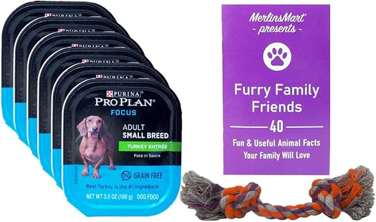 Purina Pro Plan Small Breed Grain Free Wet Dog Food - (6) Turkey (3.5oz) - Plus Mini Rope Toy and Fun Facts Booklet Bundle