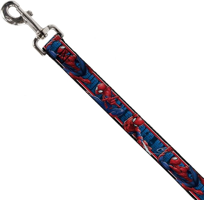 Buckle-Down Dog Leash Spider Man 3 Action Poses Bricks Stripe Blues Red White Available in Different Lengths and Widths for Small Medium Large Dogs and Cats, Multicolor, DL-WSPD065