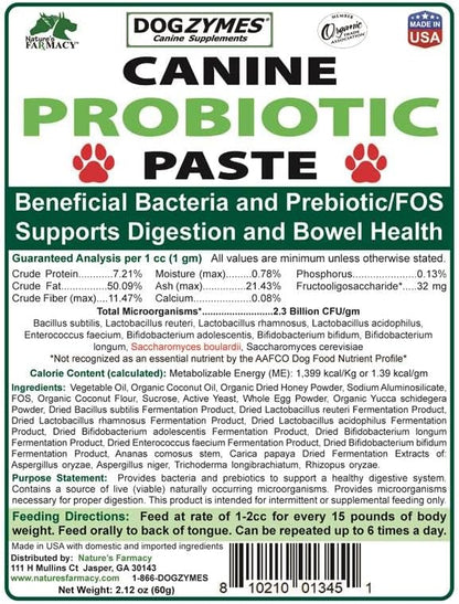 Dogzymes Canine Probiotic Paste Beneficial Bacteria-Enzyme 2.3 Billion CFU/gm Saccharomyces boulardii Organic Dried Honey Powder (60 Gram)