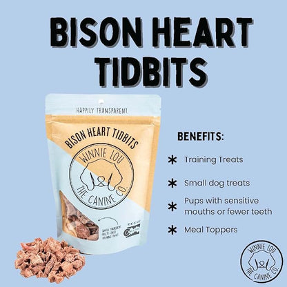 Winnie Lou Organic Dog Treats, Bison Heart Tidbits Jerky Human Grade Dog Treats for All Sized Breeds, All Natural Dog Treats with No-Added Sugar, Glycerin & Preservatives, Made in USA, 2.5 Oz (71g)