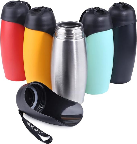 VIVAGLORY Dog Water Bottle, Pet Drinking Bottle, 25oz Portable & Leakproof Stainless Steel Dog Travel Water Bottle Bowl with Large Trough for Walking & Hiking, Stainless Steel
