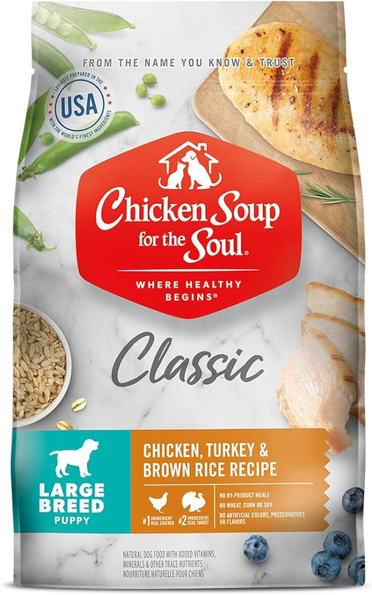 Chicken Soup For The Soul Pet Food Classic Dry Large Breed Puppy Food, Chicken, Turkey & Brown Rice Recipe, 13.5 Pound Bag | Soy Free, Corn Free, Wheat Free, Dry Dog Food Made with Real Ingredients
