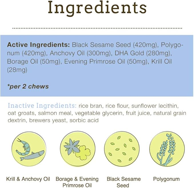 Herbsmith Glimmer - Dog Healthy Skin and Coat + Dog Treatment for Dry Itchy Skin - Omega-3 Supplement for Dogs - 60ct Large Chews