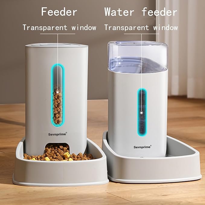 2PCS Cat Dog Feeder and Waterer Self-Dispensing Gray 3.8L Pets Automatic Feeder and Waterer Dispensing Set 12.8in x 7.87in x 12.2in Feeder and Water Bowl for Small Medium Pets