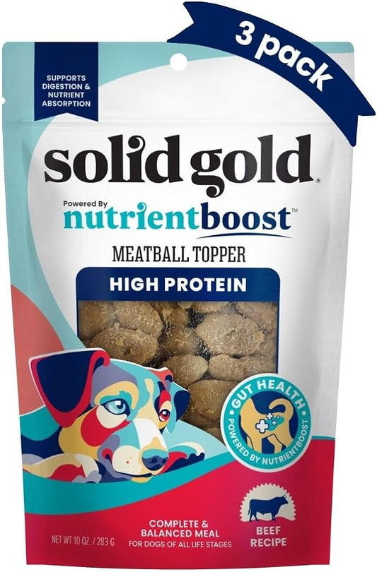 Solid Gold Food Toppers for Picky Dogs - Real Beef Meatball Topper - 3 Pack Healthy Dog Treats - High Protein Soft Dog Treats to Serve w/Dry Dog Food or Wet Dog Food or as Dog Snacks