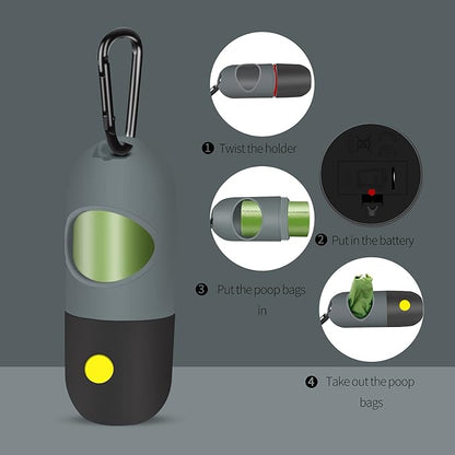 2 Pack Dog Poop Bag Dispenser with Built-in LED Flashlight, Pet Waste Bag Holder for Leash with Carabiner Clip for Lead Leash, 2 Rolls Leak-proof Doggy Waste Bags for Dog Walking, Grey