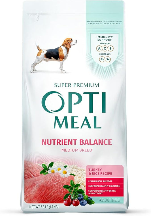 OPtimeal Dry Dog Food for Medium Dogs - Proudly Ukrainian - Dog Food Dry Recipe with High-Protein to Support Healthy Digestion for Medium Breeds (3.3 lbs, Turkey & Rice)