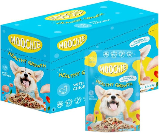 MOOCHIE Healthy Growth Wet Puppy Food - Soft Dog Food - Made with Real Chicken, Beef, Vegetables and Rice - No Added Preservatives or Artifical Flavors - 12 x 3 oz Pouch