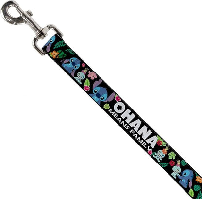 Dog Leash Ohana Means Family Stitch Scrump Poses Tropical Flora Black 6 Feet Long 1.5 Inch Wide