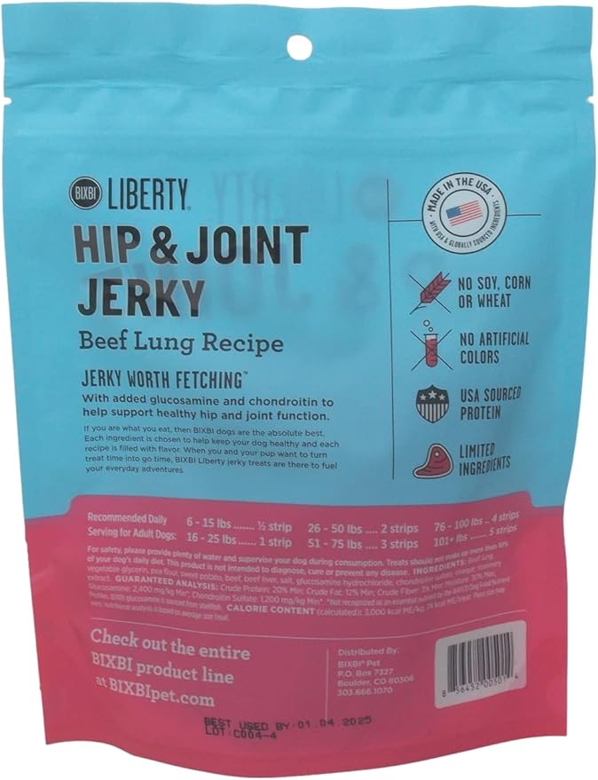 Bixbi Liberty Hip & Joint Jerky Dog Treats 2 Flavor Variety, (1) Each: Beef Lung, Chicken (5 Ounces) Plus Rope Toy and Fun Facts Booklet Bundle