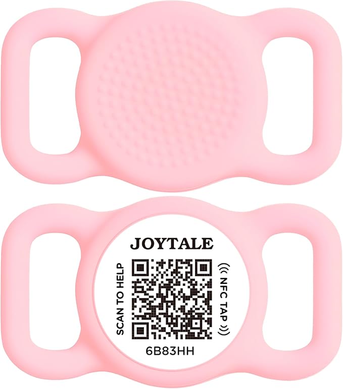 Joytale [ NO APP Required ] Silent Silicone QR Code Dog Tag, Slide On Dog Tags for 1 Inch Wide Collars or Vest, NFC Pet Online Profile, Scan QR to Send Location Alert Email, Pink, M