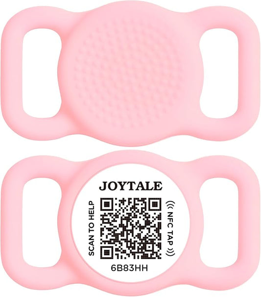 Joytale [ NO APP Required ] Silent Silicone QR Code Dog Tag, Slide On Dog Tags for 1 Inch Wide Collars or Vest, NFC Pet Online Profile, Scan QR to Send Location Alert Email, Pink, M