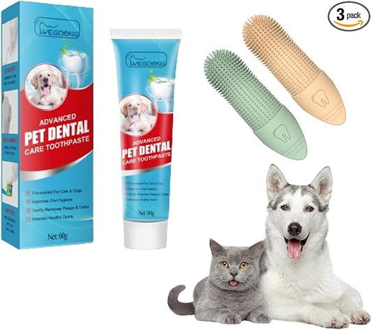 Dog Toothbrush and Toothpaste Set - 1 Pc Dog Toothpaste with 2 Pcs Upgraded Silicone Finger Toothbrush for Dogs and Cats - Dog Tooth Brushing Kit for Cat and Dog Teeth Cleaning & Dental Care