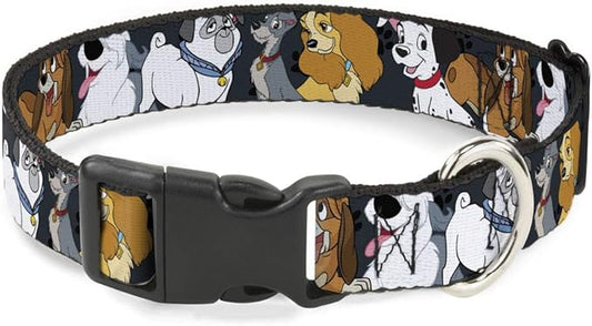 Disney Pet Collar, Dog Collar Plastic Buckle, Disney Dogs Group Collage Paws Gray Black, 20 to 31 Inches 1.5 Inch Wide