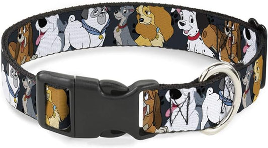 Disney Pet Collar, Dog Collar Plastic Buckle, Disney Dogs Group Collage Paws Gray Black, 11 to 16.5 Inches 1.0 Inch Wide