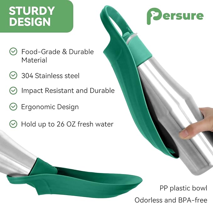 Dog Water Bottle, Portable Dog Water Bottle Dispenser - 27 OZ Stainless Steel Leak-Proof Water Bottle for Dogs On The Go, Perfect for Travel, Walking, Hiking and Outdoor Activities, Green