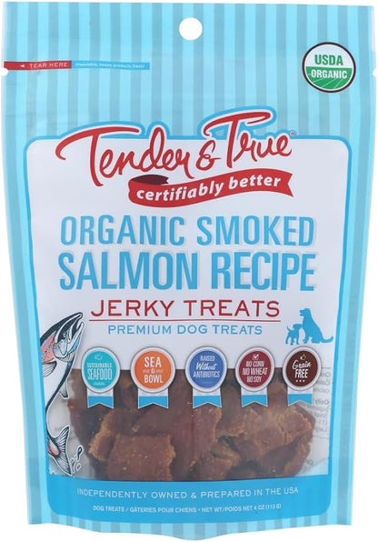 Tender & True Pet Nutrition Sustainable Salmon Recipe Jerky blue bag 4 ounces