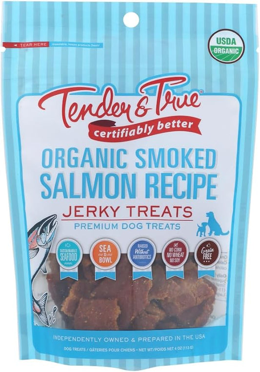 Tender & True Pet Nutrition Sustainable Salmon Recipe Jerky blue bag 4 ounces