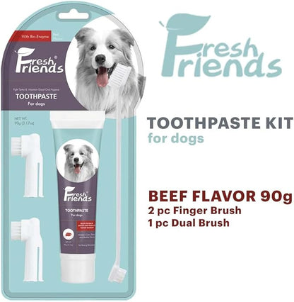FRESH FRIENDS Enzymatic Dog Tooth Brushing Kit | Dog Toothbrush and Toothpaste | Puppy Tooth Brushing Kit | Dog Teeth Cleaning Kit | Improves Gum Health | Dog Dental Kit (Beef Flavor)