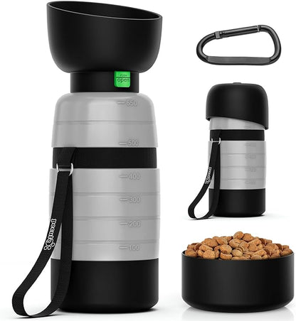 Pecute Upgraded 22 oz Dog Water Bottle with 5 oz Food Container, Portable Dog Travel Water Bottle Dispenser, Leakproof, BPA Free, Lightweight, Pet Water Bottle Bowl for Outdoor Walking Hiking Camping