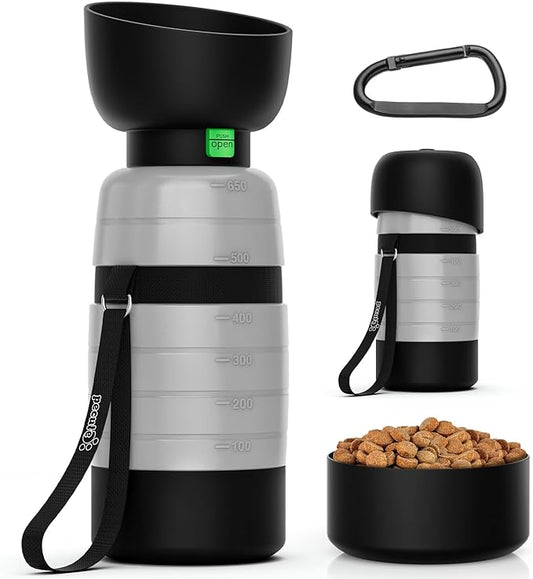 Pecute Upgraded 22 oz Dog Water Bottle with 5 oz Food Container, Portable Dog Travel Water Bottle Dispenser, Leakproof, BPA Free, Lightweight, Pet Water Bottle Bowl for Outdoor Walking Hiking Camping
