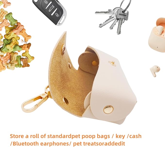 Leather Poop Bag Holder Dispenser for Leash, Portable and Reusable Dog Poop Bag Dispenser, Dog Bag Holder for Walking, Outdoor, Travelling (Beige)