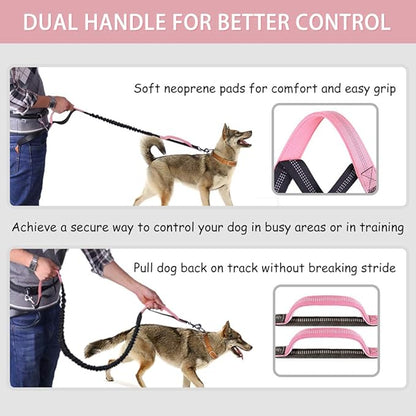 Hands Free Dog Leash Bungee Retractable Dog Running Waist Leash for Running Walking Jogging Training Hiking with Medium to Large Dogs, Adjustable Waist Belt Pouchouch, Reflective Stitches, Dual Handle