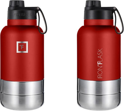 IRON °FLASK Portable Dog Water Bottle & Bowl - All-in-One Travel Accessories Pet Food & Liquids for Car, Hiking, Camping - Leak-Proof, Double Walled, Insulated - 32 oz, 2 Dog Bowls - Fire Red