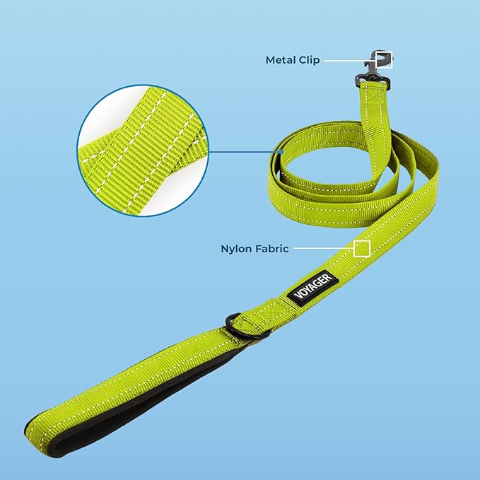 Voyager Reflective Dog Leash Collar Set with Neoprene Handle Supports Small, Medium, and Large Breed Puppies, Cute and Heavy Duty for Walking, Running, and Training - Lime Green, M