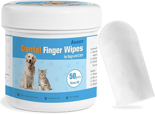 Avont Pet Teeth Cleaning Wipes for Dogs Cats, 50 PCS Dental Finger Wipes Reduce Plaque & Tartar, Dog Breath Freshener and Gum Care -M