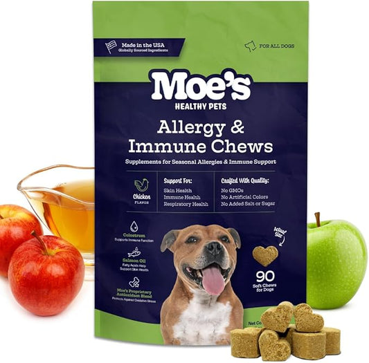 Moe’s Allergy and Immune Support for Dogs-Supports Anti-Itch, Seasonal Allergies & Immunity-Omega 3 Wild Alaskan Salmon Fish Oil - Dog Allergy Treatment, Skin Health- Made in USA- 90 Chews (Chicken)