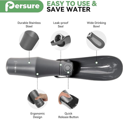 Dog Water Bottle, Portable Dog Water Bottle Dispenser - 27 OZ Stainless Steel Leak-Proof Water Bottle for Dogs On The Go, Perfect for Travel, Walking, Hiking and Outdoor Activities, Whole Grey