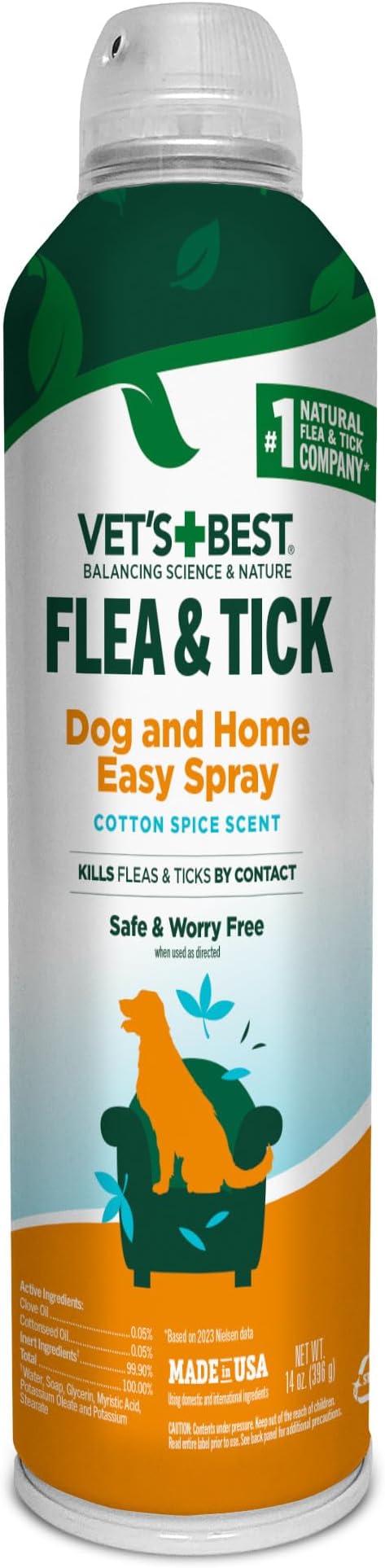 Vet’s Best Flea & Tick Dog Easy Spray – Cotton Spice Scent – Natural Flea & Tick Prevention – Kills Fleas & Ticks for Dogs – 14oz