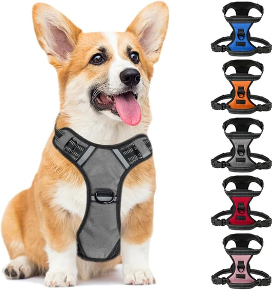 Gorilla Grip Comfortable Durable Dog Harness with Handle, Pet Leash Clips on Chest or Back for Walking, Padded Mesh Pets Vest, Adjustable Reflective Straps, Puppy Training, Gray