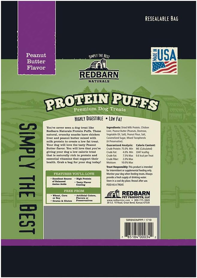 Redbarn All-Natural Protein Puffs Crunchy Treats for Dogs and Puppies, Peanut Butter Flavor - Premium Grain-Free High Protein Low Fat Bites - Made in USA with No Artificial Ingredients - 1 oz Bag