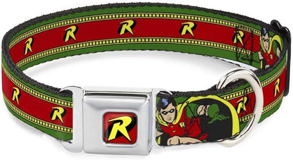 Dog Collar Seatbelt Buckle Robin Action Pose Logo Stripe Green Yellow Red Black 9 to 15 Inches 1.0 Inch Wide