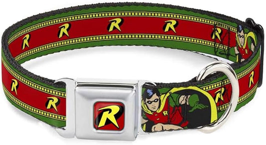 Dog Collar Seatbelt Buckle Robin Action Pose Logo Stripe Green Yellow Red Black 9 to 15 Inches 1.0 Inch Wide