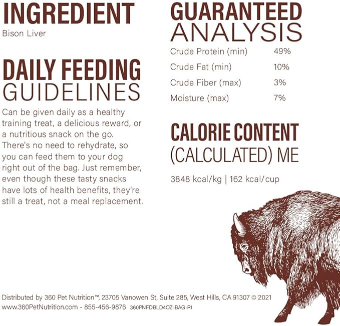 360 Pet Nutrition Freeze Dried Bison Liver Raw Single Ingredient Treats, Made in The USA, 4 Ounce (Bison Liver)