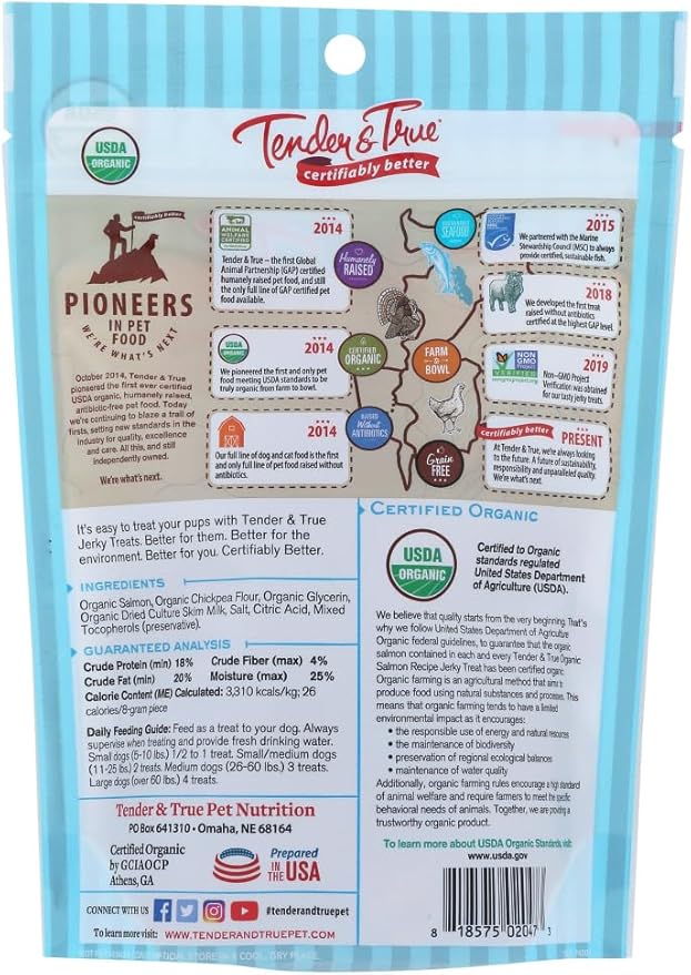 Tender & True Pet Nutrition Sustainable Salmon Recipe Jerky blue bag 4 ounces