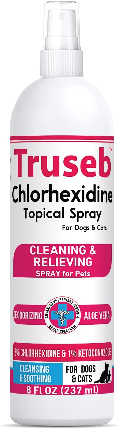 Truseb Topical Ketoconazole and Chlorhexidine Spray for Dogs, Cats, and Horses with Essential Fatty Acids, Aloe and Vitamin E- 16 oz (Ketoconazole & Chlorhexidine Spray, 16 oz)