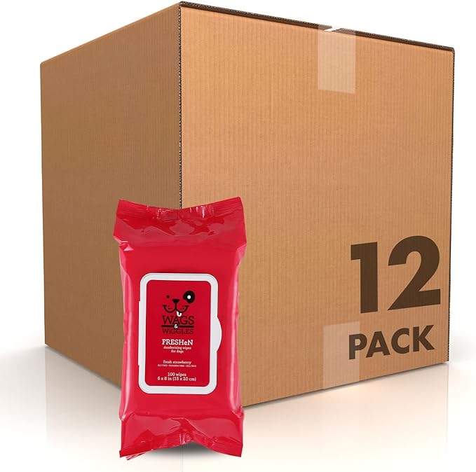 Wags & Wiggles Freshen Deodorizing Wipes for Dogs Eliminate Odors from Your Dog's Coat Fresh Strawberries Easy and Convenient Way to Freshen Your Pet without A Bath (Pack of 1,100 Count Total)