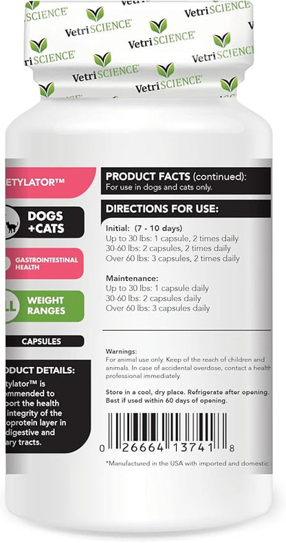 VETRISCIENCE Acetylator Gut Health Supplement for Dogs and Cats, 120 Capsules - Supports Digestive, Bowel, and Urinary Tract Health