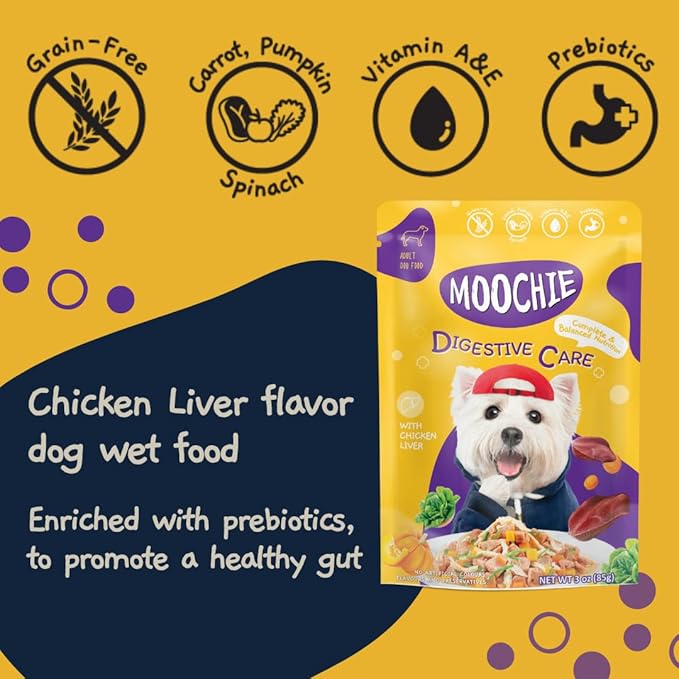 MOOCHIE Wet Dog Food - Superfood Selection of Soft Dog Food - Duck, Salmon & Chicken Liver Flavors - No Added Preservatives or Artifical Flavoring -12 x 2.5 oz Pouch
