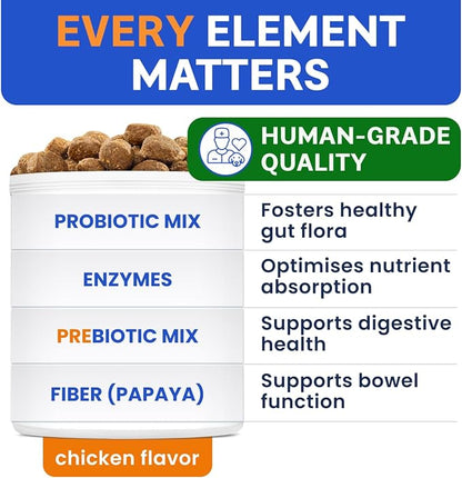 Bark&Spark Dog Probiotics & Digestive Enzymes (Gut Health) Allergy & Itchy Skin - Pet Diarrhea Gas Treatment Upset Stomach Relief, Digestion Health Prebiotic Supplement Tummy Treat (120Ct Chicken)