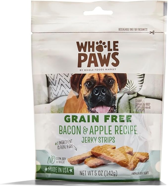 Whole Paws, Grain Free Bacon & Apple Recipe Dog Jerky Strips, 5 oz