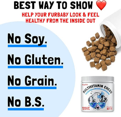 Dog Vitamins - 120 Multivitamins Chews w/Glucosamine Chondroitin, Probiotics Digestive Enzymes and Omegas - Supplement for Overall Health - Joint Support, Immune Health, Skin and Heart Health