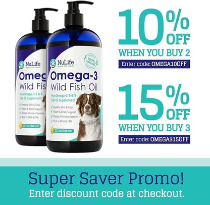 Liquid Fish Oil for Dogs with Omega 3, 6 & 9 Fatty Acids, Wild Caught from Iceland, Skin and Coat Supplement for Shedding, Itchy Skin, Allergies, Brain and Heart Health, Rich in EPA + DHA - 32 oz